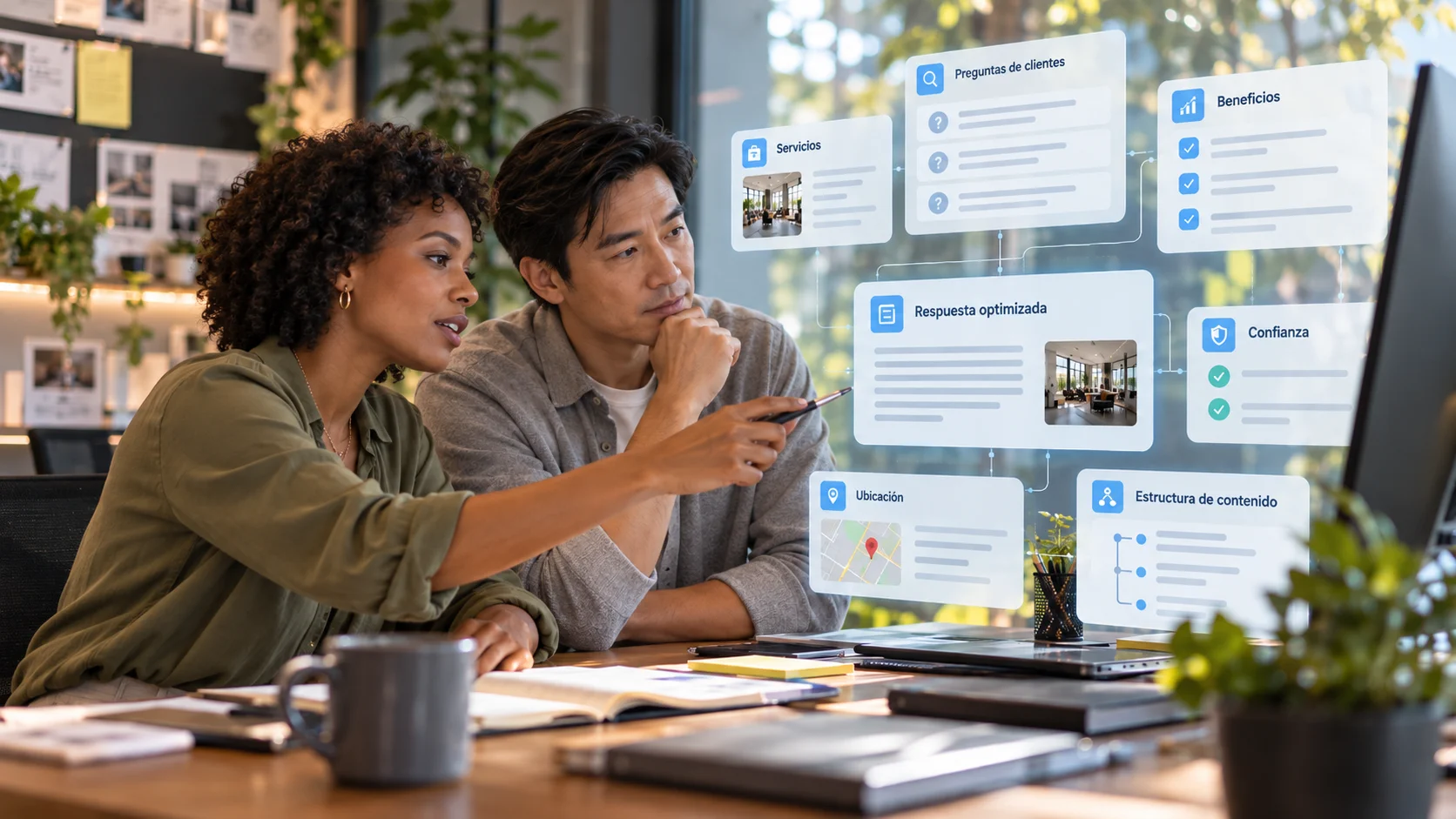 Estrategas analizando preguntas de clientes y estructurando respuestas claras y optimizadas