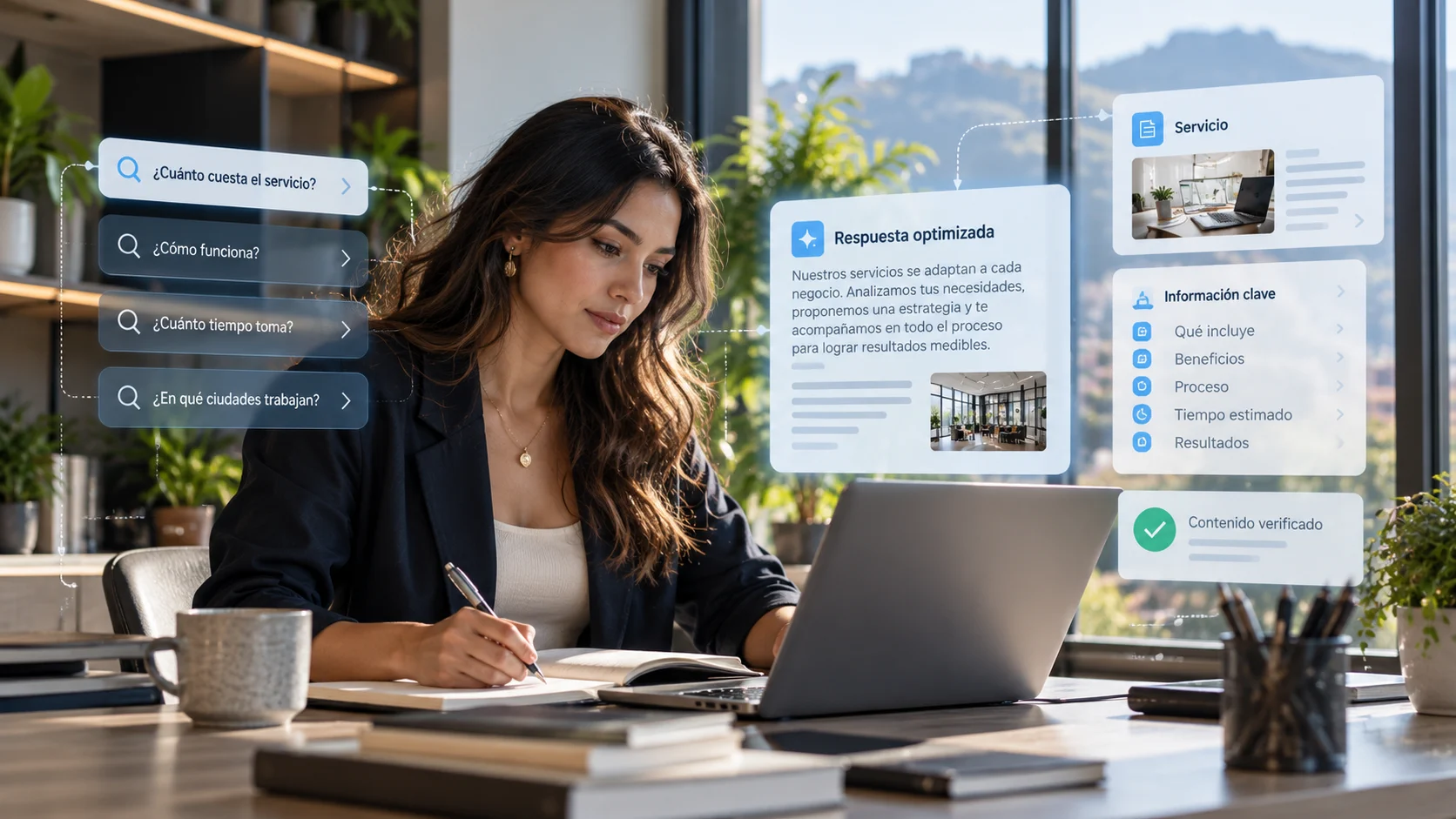 Profesional trabajando en laptop con dudas comerciales clave identificadas para estructurar respuestas claras