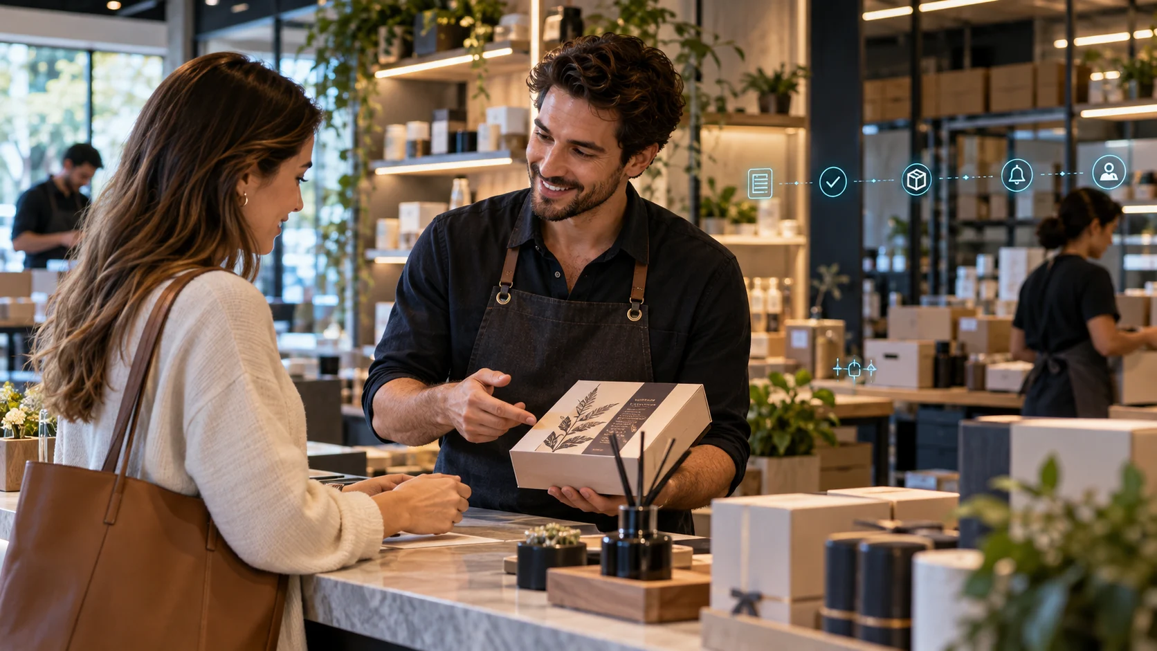Atención cercana a clientes mientras las tareas y pedidos se ejecutan automáticamente