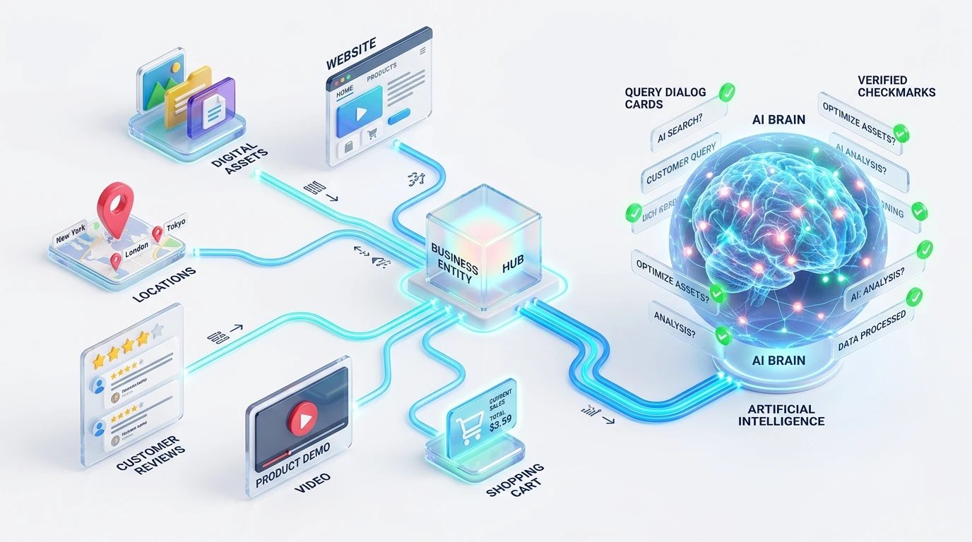 Ecosistema GEO: conexión entre empresa, ubicación, contenido, reputación y sistemas de IA