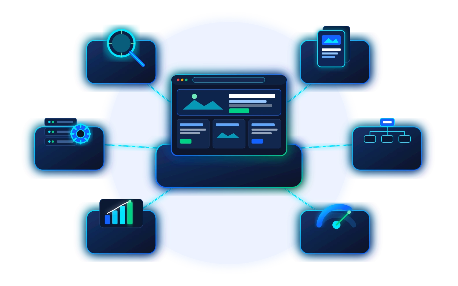 Ecosistema SEO con búsqueda, contenido, estructura, rendimiento y seguimiento conectados a un sitio web