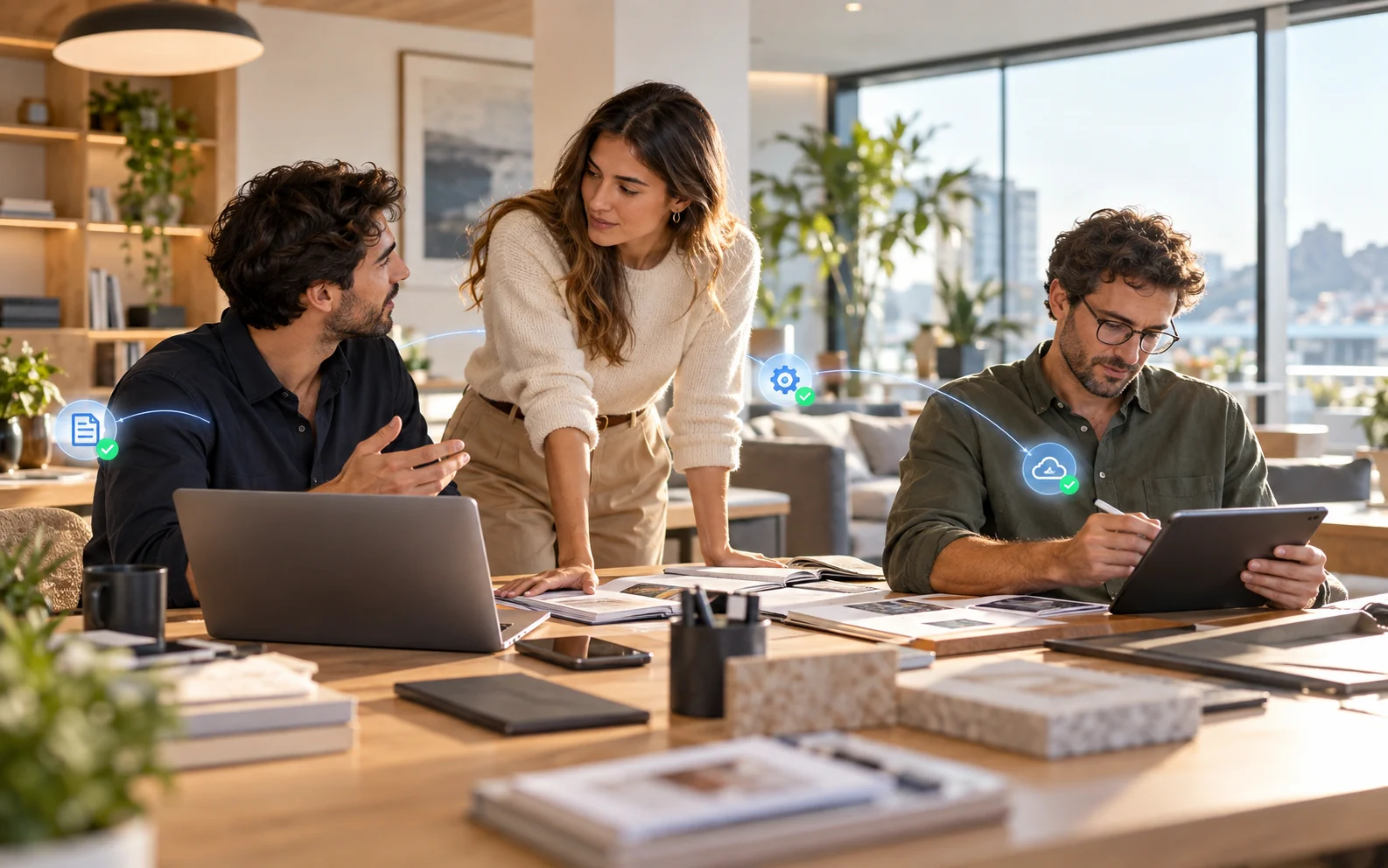 Equipo de consultores y desarrolladores de IA Organiza analizando la arquitectura web y rendimiento digital de una empresa en portátil y tablet